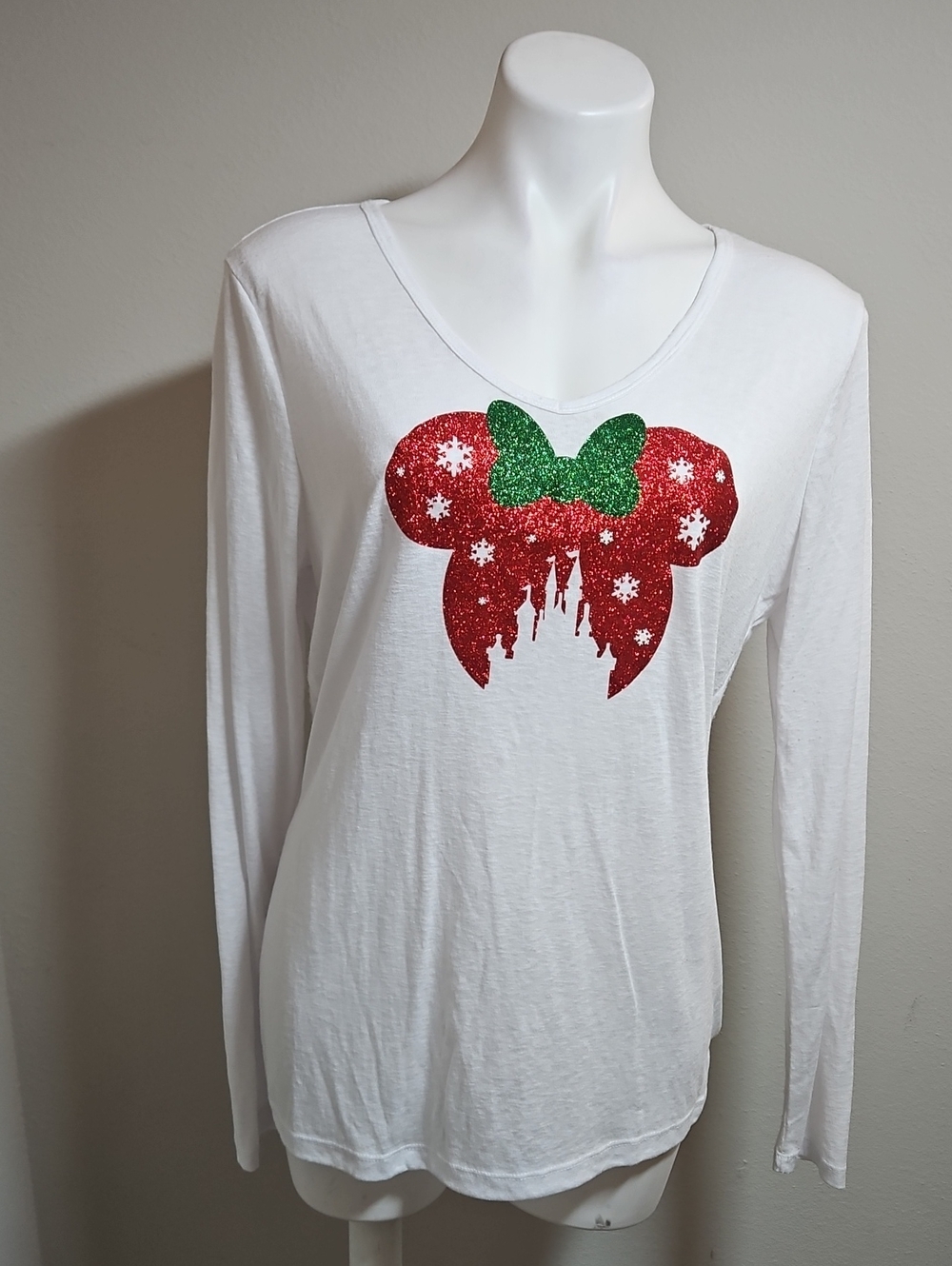 0Faded Glory Large White Long-Sleeve Tee with Red & Green Glitter Minnie Mouse